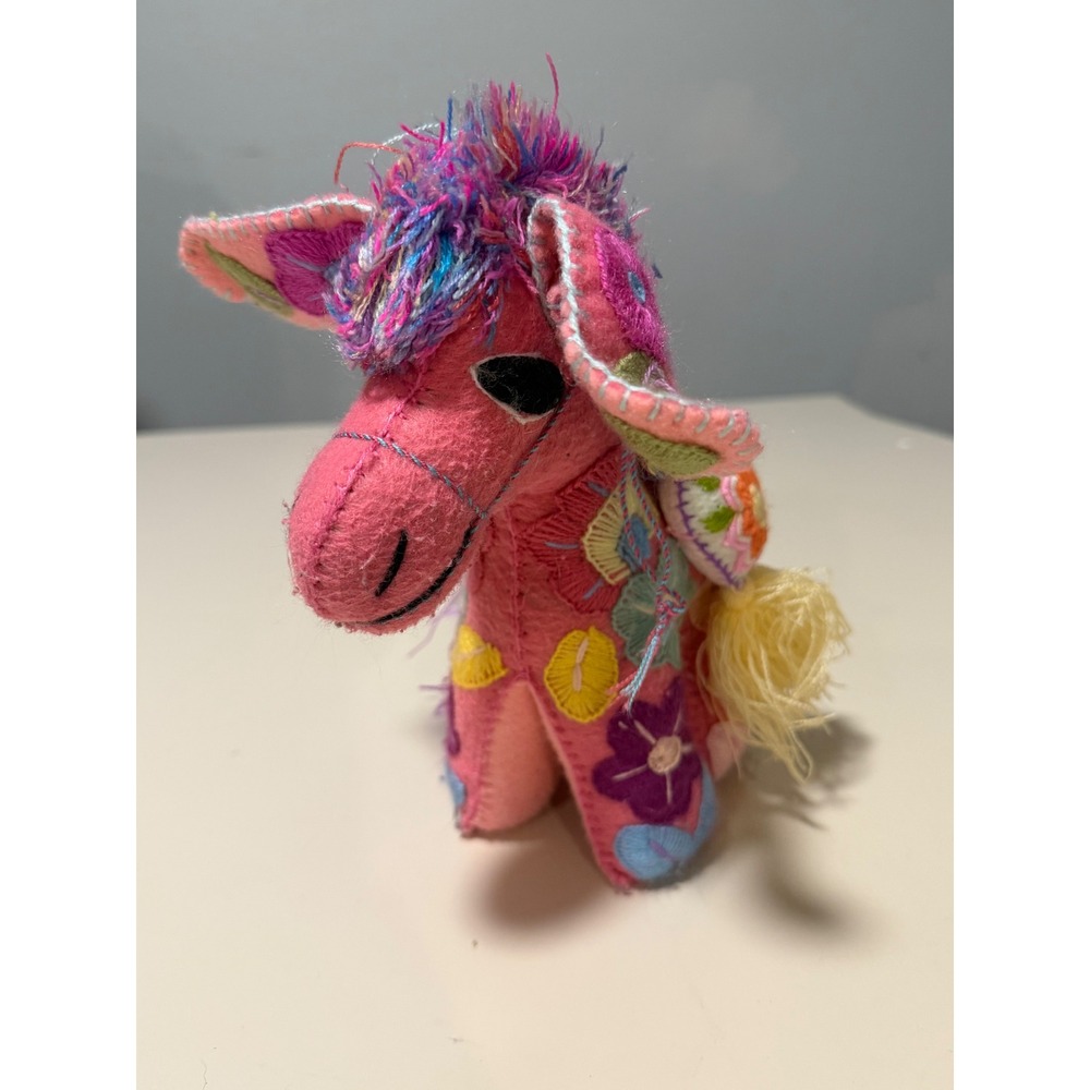 Handmade Pink Felt Donkey Plush Floral Embroidered Folk Art Stuffed Animal Toy